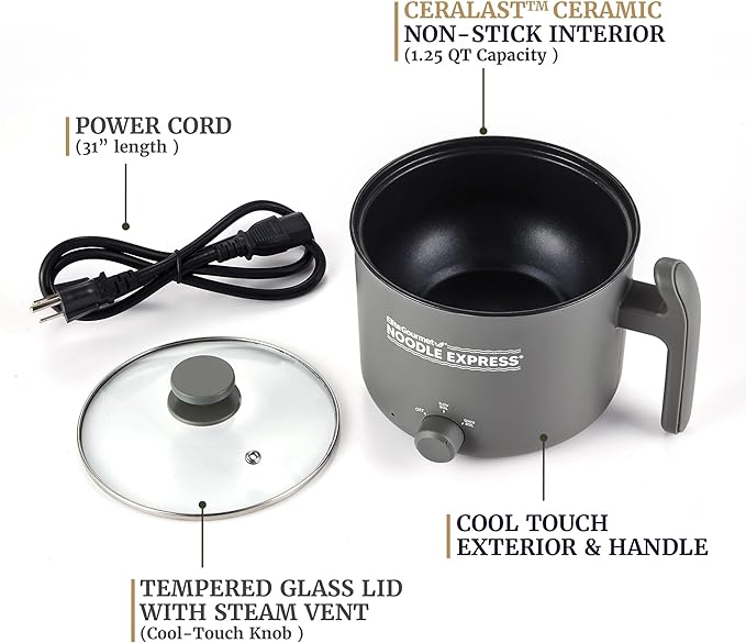 Elite Gourmet NOODLE EXPRESS Electric Hot Pot, Prepare Noodles, Soups, Stews, Cool-touch Handle, Ceralast™ PFAS-Free Ceramic Non-stick, Tempered Glass Lid, 2 Heat Settings-High/Low, Grey