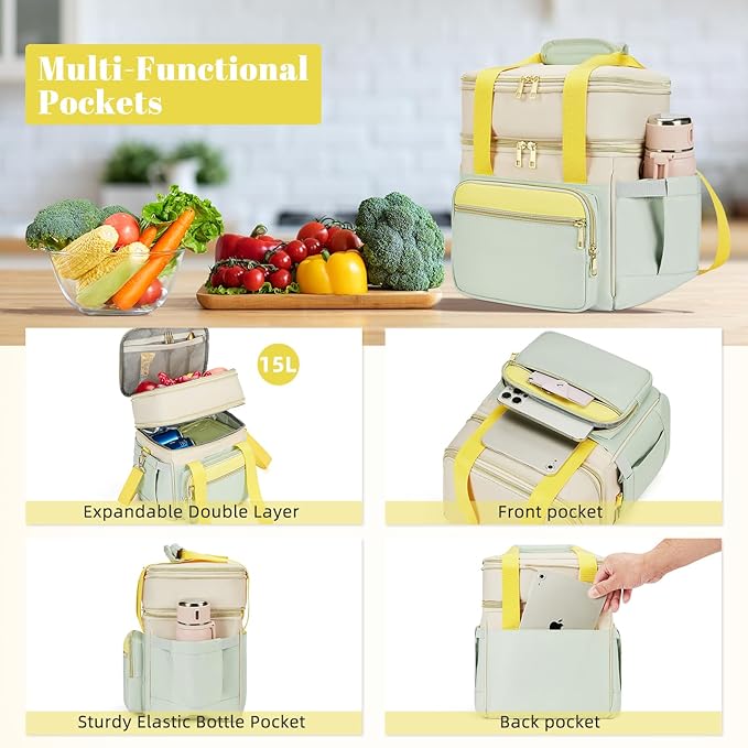 holuxer Insulated Lunch Bag & Lunch Box for Women - Double Deck Reusable Lunch Bag for men Tote Cooler Bag Leakproof Soft Expandable - Large Lunchbox for Work/Adult/Picnic/Outdoor (Green，15L)