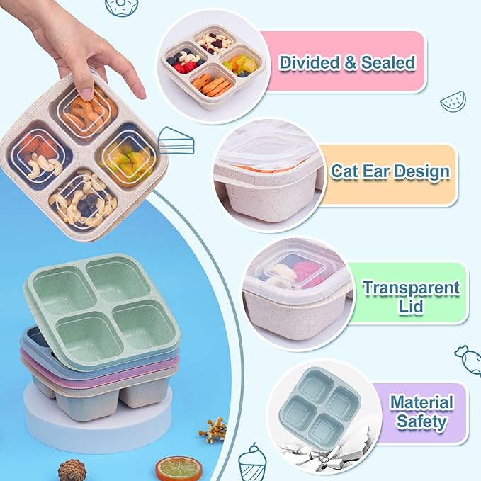 LCHLZZ 4 Compartment Snack Containers with Lids, 4 Pack Reusable Bento Box Adults, Divided Meal Prep Lunch Containers, Microwave & Dishwasher Safe, Food Storage for Work Travel Picnic, Pink