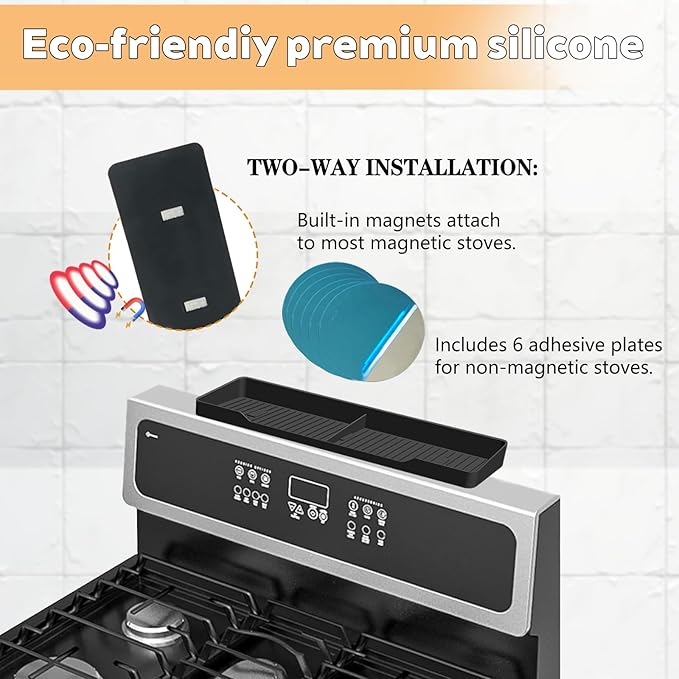 15 Inch Magnetic Silicone Stove Top Shelf, Heat Resistant Spice Rack for Kitchen, Space Saving Organizer with 3 Sticky Pads, Fits Back of Stove (Black, 15 Inch)