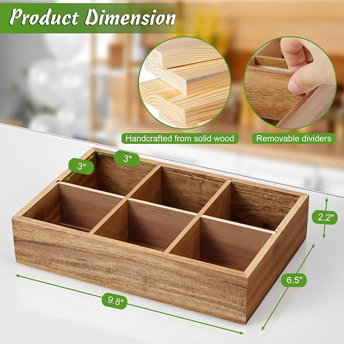 DRASTAR Tea Bag Organizer, Acacia Wooden Tea Bag Holder, Tea Storage Containers with 6 Slots, Sugar Packet Holder, Tea Bag Caddy Box for Countertop