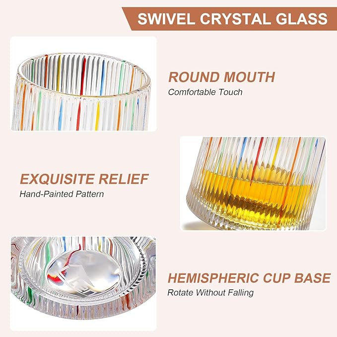 Rotatable Old Fashioned Glass, 275ml/10oz Crystal Whiskey Glass Set of 4, Wood Coaster, Thickening, Used as Rum Glass, Cocktail Cup, Coffee Cup, Milk Cup to Relax and Reduce Stress, Christmas gifts