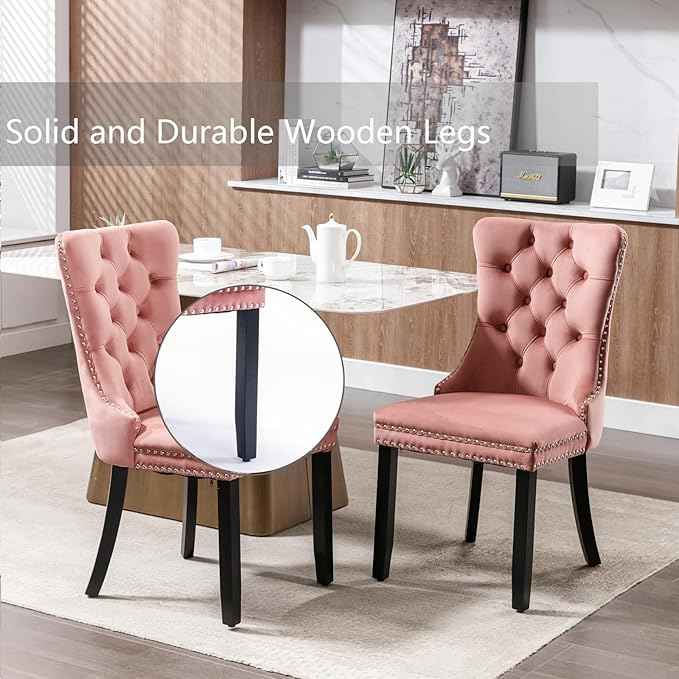 Pink Velvet Dining Chairs Set of 4, Upholstered Dining Room Chairs with Back Ring Pull Trim and Solid Wood Legs, Tufted Wingback Kitchen Chairs for Dining Room,Living Room,Kitchen(Pink)
