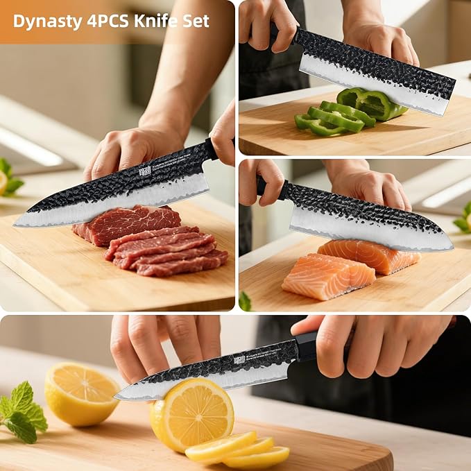FINDKING 4PCS Kitchen Knife Set, Japanese Chef Knife Set with 9Cr18MoV High Carbon Steel Hammered Blades, Rosewood Octagonal Handles, for Meat, Fruits and Vegetables, Dynasty Series