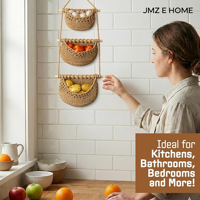 Cotton Hanging Fruit Basket, 3 Tier Woven Wall Basket, Hanging storage baskets for Kitchen and Bathroom, Macrame Wall Hanging, Boho Decor Over The Door Organizer, Brown