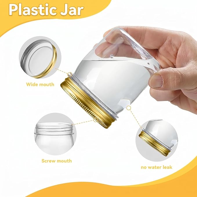novelinks 8 oz Clear Plastic Jars with Airtight Lids, 16 Pack Plastic Mason Jars with Lids 8oz, Refillable Storage Slime Containers & Small Spice Jar for Kitchen Organization (16 Pack,Gold)