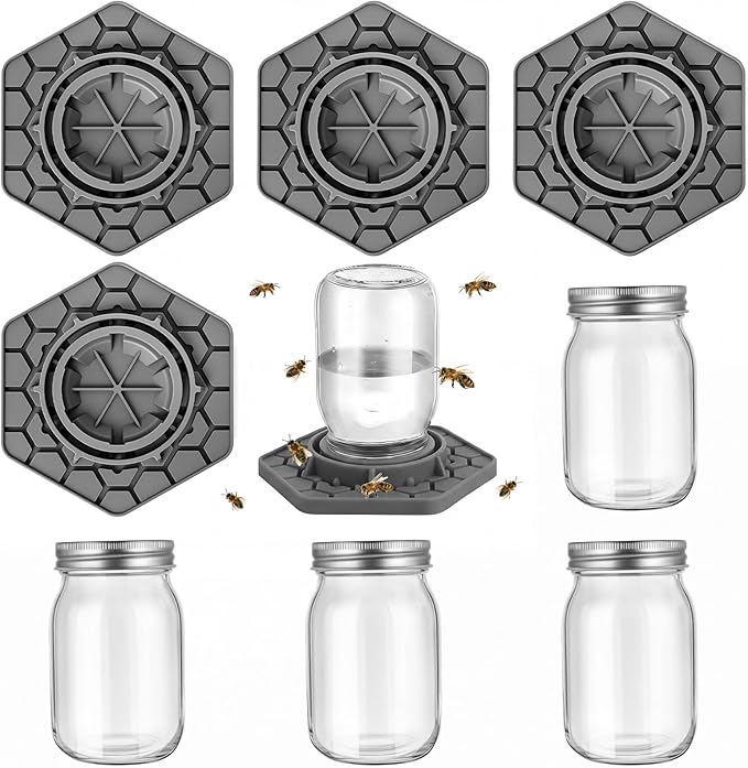 4 Pack Bee Feeder for Mason Jar Bee Watering Station Garden Silicone Sugar Water Feeder Beekeeping Drinking Equipment Tools with Mason Jars for Drinking Water (Grey)