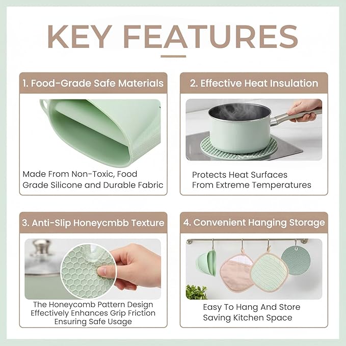8-Piece Silicone Oven Mitts and Pot Holders Set with Hanging Loops - Heat Resistant Kitchen Gloves with Non-Slip Honeycomb Grip - Includes Mini Mitts & Trivet Mats for Cooking, Baking - Green