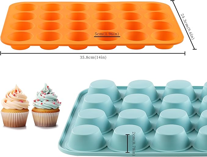 2PCS Silicone Mini Muffin & Cupcake Pan Set, Little Cook 24 Cups Mini Muffin Baking Pan, Non-Stick, BPA Free, Dishwasher Safe, Perfect for Making Muffin, Cakes, Tart (Orange + Peacock Blue)