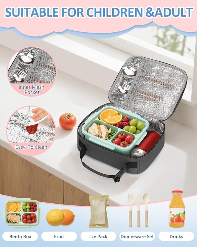 Capolo Insulated Lunch Box for Kids, Cute Thermal Lunch Bag for School, Reusable Lunch Tote for Boys and Girls, Durable Cooler Bag with Easy Grab Handle, Lightweight and Easy to Clean Meal Bag, grey
