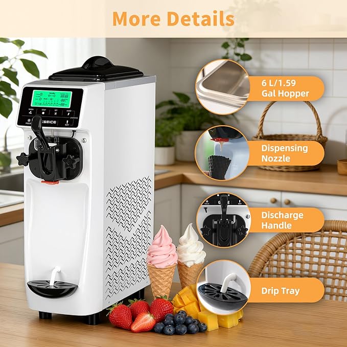 Ice Cream Machine – 3.5 Gals/H Single Flavor Ice Cream Maker 5 Inch Screen Soft Serve Ice Cream Machine with Pre-Cooling Soft Serve Machine with 1.6 Gals Tank for Home, Parties,Cafés,and School