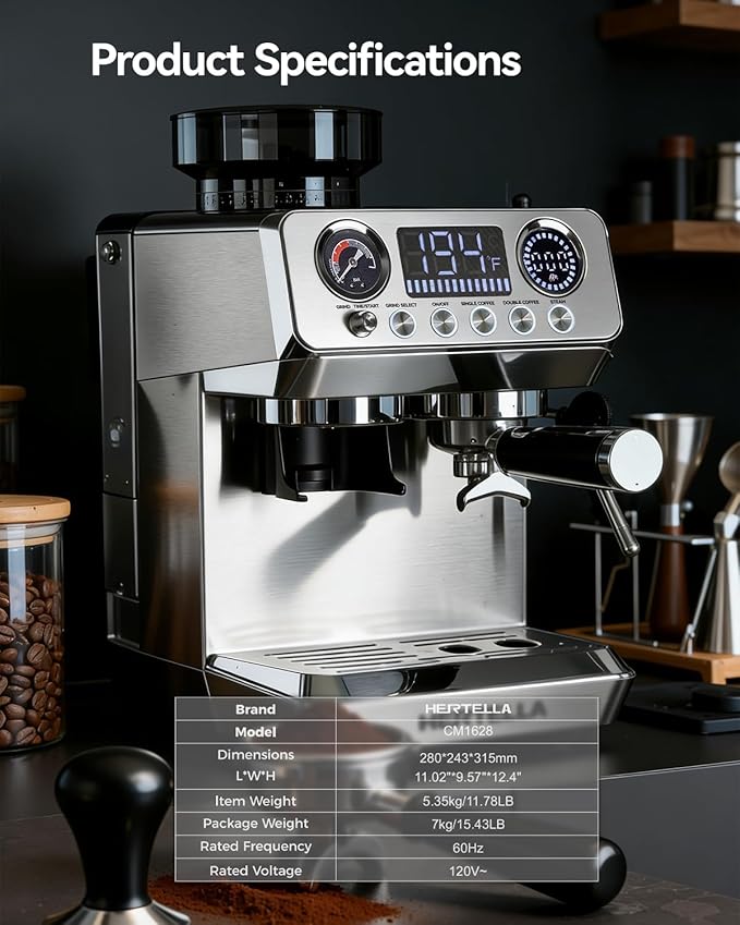 HERTELLA Espresso Machines with Burr Grinder, 20 Bar Visual Pressure Gauge, Milk Frother Steam Wand, Stainless Steel, 4 Temperature Modes (Hot and Cold Brew)，Automatic Pressure Release Function
