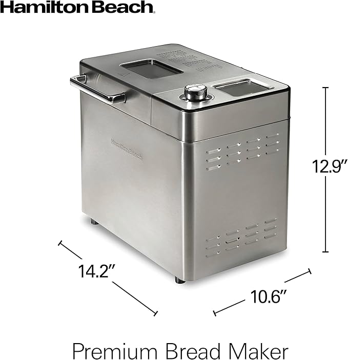 Hamilton Beach 29890 Premium Dough & Bread Maker Machine with Auto Fruit and Nut Dispenser, 2 lb. Loaf Capacity, 21 Programmable Settings Includes Gluten Free+Keto, Stainless Steel