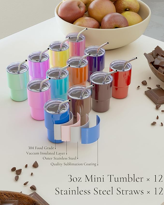 UIRZOTN 3oz Mini Tumbler Shot Glass with Straw and Lid, 12 Pack Stainless Steel Sublimation Shot Glasses for Wedding Party Whiskey Cocktail Bar with Straw and Lid