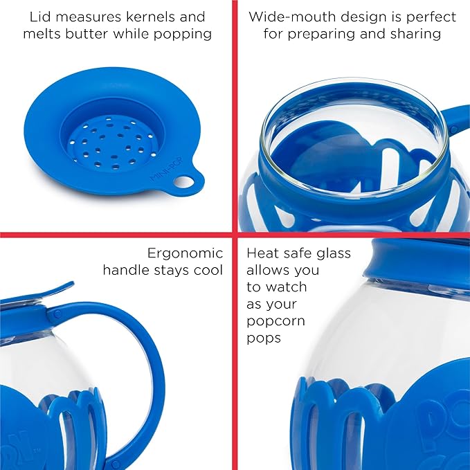 Ecolution Patented Micro-Pop Microwave Popcorn Popper with Temperature Safe Glass, 3-in-1 Lid Measures Kernels and Melts Butter, Made Without BPA, Dishwasher Safe, 1.5-Quart, Blue