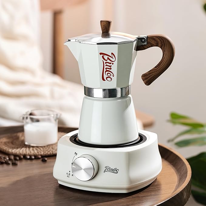 Bincoo Espresso Maker Stovetop, Moka Pot 6 Cups, Espresso Pot Classic Italian Coffee Maker,Single Safety Valve (White, 6 Cup)
