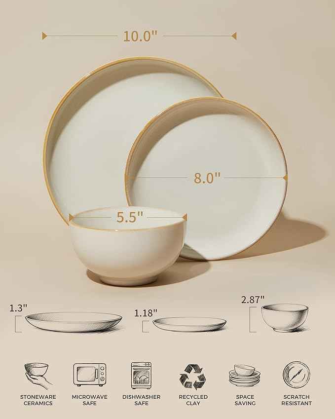 Stoneware Dinnerware Sets, Ceramic Plates and Bowls Set, Microwave & Dishwasher Safe Kitchen Dishes, Modern Dinner Salad Plates | Cereal Bowls, Dishware Sets Service for 4 Yellow White