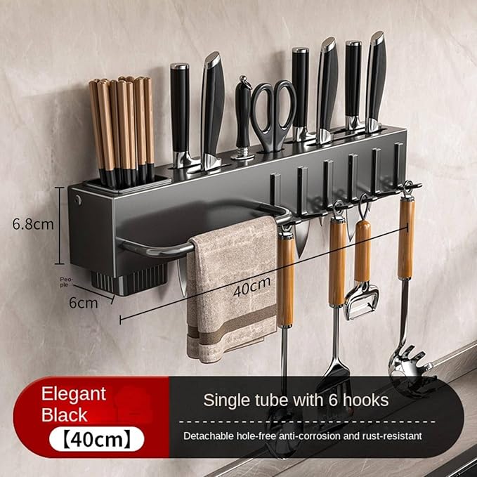 New Multi-Functional Kitchen Rack Home Wall-Mounted Knives Chopstick and Spoon Storage Rack Punch-Free cookware draining Rack, 40, Gray