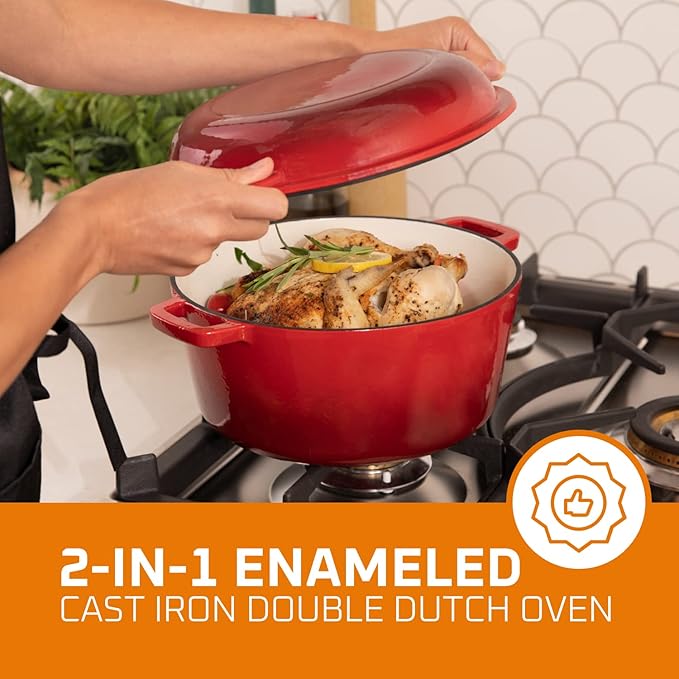 Bruntmor 2-in-1 Pre-Seasoned Cast Iron Dutch Oven with Skillet Lid - 5 Qt Round Cast Iron Pot for Bread, Casserole, Braising - Heavy Duty Enamel Cookware Set, Double Dutch Oven - 13.5 x 7-Inch, Black