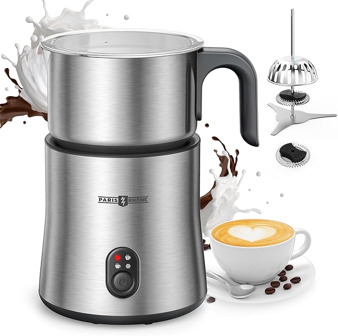 Milk Frother and Steamer, PARIS RHÔNE 4 in 1 Detachable Milk Steamer, 500ml Hot Chocolate Maker and Milk Warmer with Hot & Cold Foam, Dishwasher Safe, All Stainless Steel