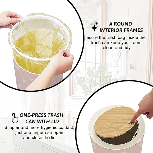 Trash Can with Lid White Bows Pink Repeat Seamless Press Top Round Small Garbage Bin with Wooden Legs Waste Basket for Kitchen Bedroom Nursery 7L/1.8 Gallon