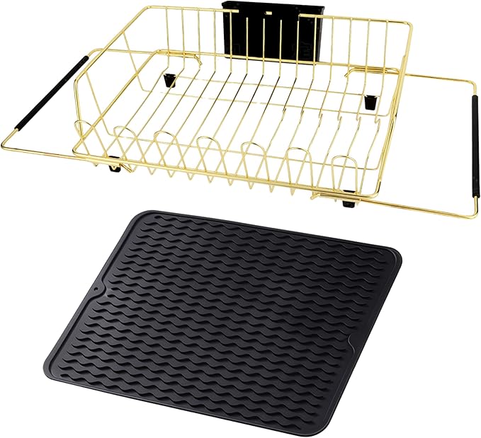 Golden Expandable Dish Drying Rack with Silicone Drying Mat-Extra Large Stainless Steel Dish Drainer Over The Sink with Utensil Holder, Applicable for Sink Width 16'-22' (Gold,23.2'*12.2')