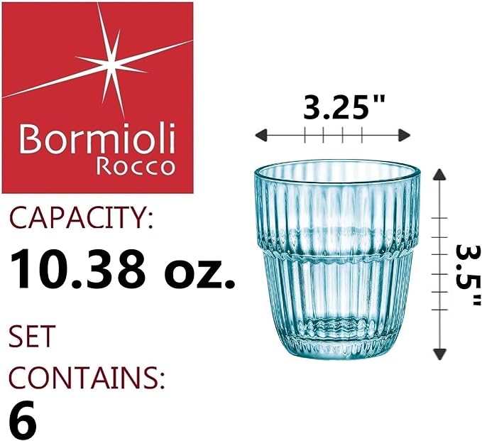 Bormioli Rocco Barshine 10.38 oz. Rocks Stackable Tempered Drinking Glasses, Set of 6, Ice Blue