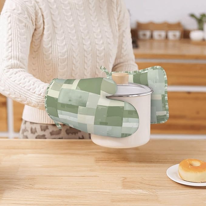 Oven Mitts and Pot Holders Set, Modern Art Pastel Green Geometric Silicone Kitchen Accessories 4 Piece Heat Resistant Long Gloves Potholder Non-Slip Grip for Chef Cooking Baking Grilling BBQ