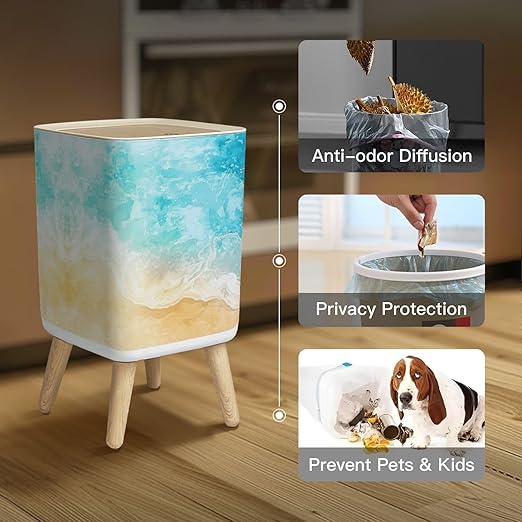 Small Trash Can with Lid Abstract Beach Sea Summer Grunge Background Wave Sand Pastel Crayon Wastebasket with Press Cover Dog Proof Garbage Can Waste Bin for Kitchen Bathroom Nursery 2.6 Gallon