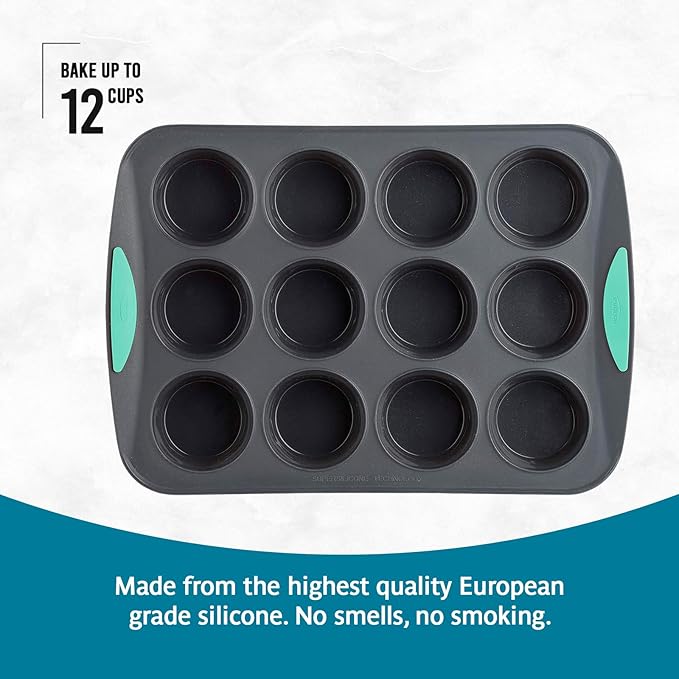 Trudeau Structure Silicone Muffin Pan – 12 Cup, Flexible Silicone with Hard Lining to Hold Shape, Non-Stick, BPA-Free, Dishwasher Safe, Heat Resistant to 428°F – Grey/Mint