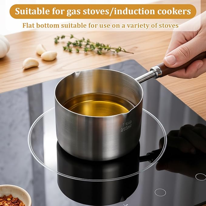 2 Pcs 8.5 oz/4.2 oz Mini Food Grade Stainless Steel Butter Warmer, Mini Food Warmer with Dual Spouts, Small Milk Saucepan with Wood Handle, for Coffee Milk Warming Chocolate Butter Melting