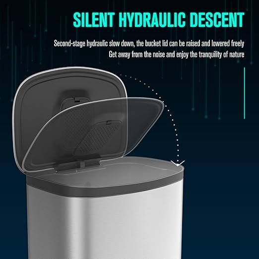 13 Gallon/50L Trash Can with Foot Pedal, Stainless Steel Garbage Can with Soft-Close Lid, Garbage Bin Exquisite Oval Shape Cover Hands-Free for Kitchen, Bathroom, Office