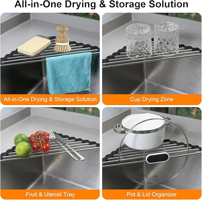 Corner Dish Drying Rack, Kitchen Sink Caddy Sponge Holder, Triangle Over The Sink Dish Drying Rack for Kitchen Counter, Roll Up Dishes Drainer Mat RV Essentials Organization and Storage Shelf, Black