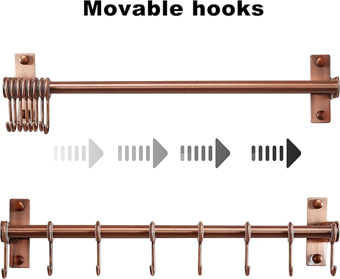 Dseap Pot Rack - Pots and Pans Hanging Rack Rail with 8 Hooks, Double Bars, Pot Hangers for Kitchen, Wall Mounted, Antique Copper