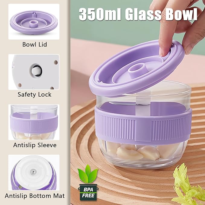 Cordless Food Processor, 350ml Glass Bowl Mini Garlic Chopper Wireless, Battery Operated Electric Food Chopper, Small USB-C Rechargeable Vegetable Meat Blender Grinder, Mixer, Mom's Gift (Purple)
