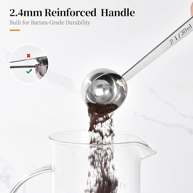 Long Handle Coffee Scoop: 18/8 Stainless Steel 5.98 Inch 2 Tablespoon Metal Measuring Spoon Tbsp Scoop for Coffee Beans, Grounds Coffee, Coffee Powder, Tea, Tall Jars (2Tbsp/30ml)