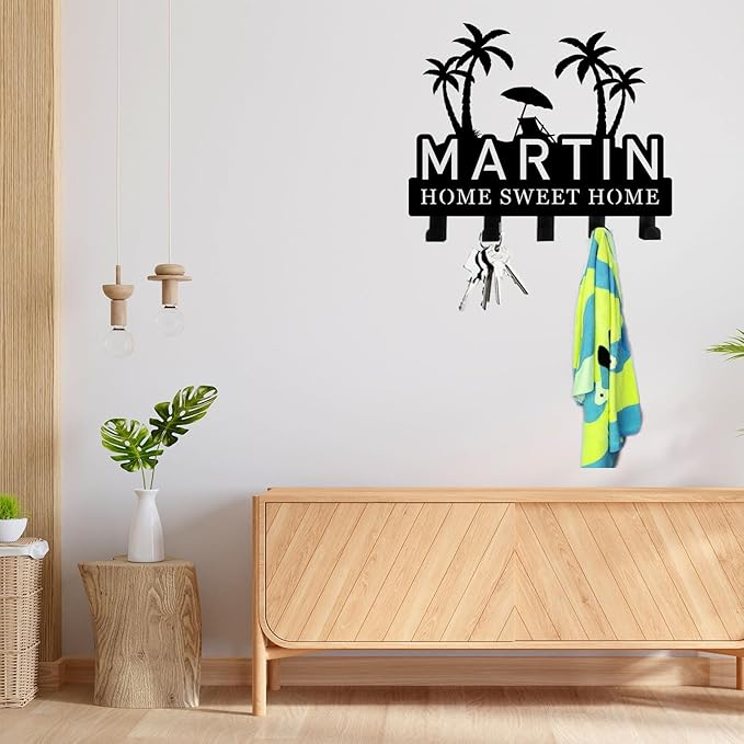 Personalized Palm Tree Key Holder for Wall, Custom Name Metal Key Rack, Wall Mounted Key Hanger for Entryway or Hallway, Decorative Keys Holder for Home, Housewarming Gift