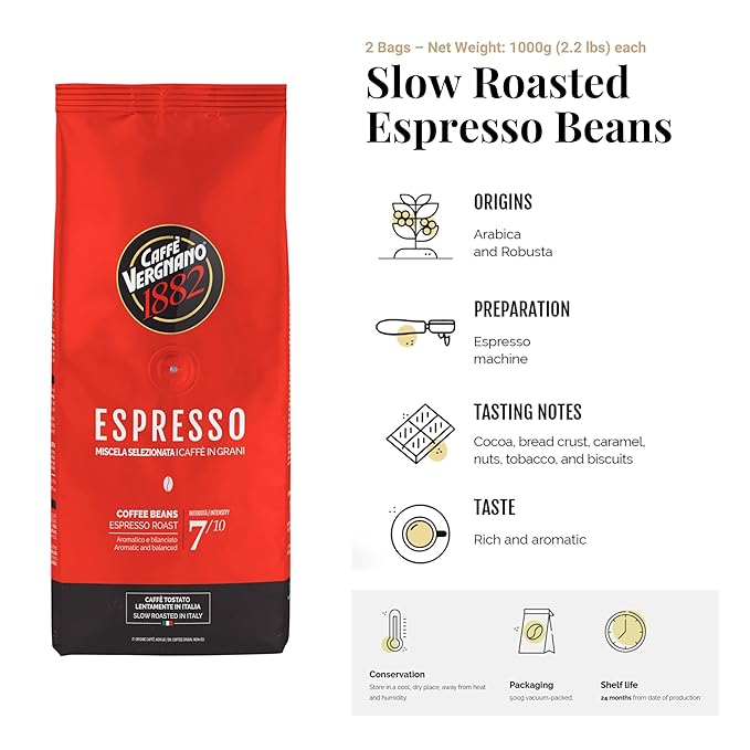 Coffee Beans 4.4 lb Bulk Whole Bean Espresso - Caffe Vergnano Medium Roast Arabica Robusta Blend - Perfect for Expresso Machine, Moka Pot, French Press, Drip Coffee Maker