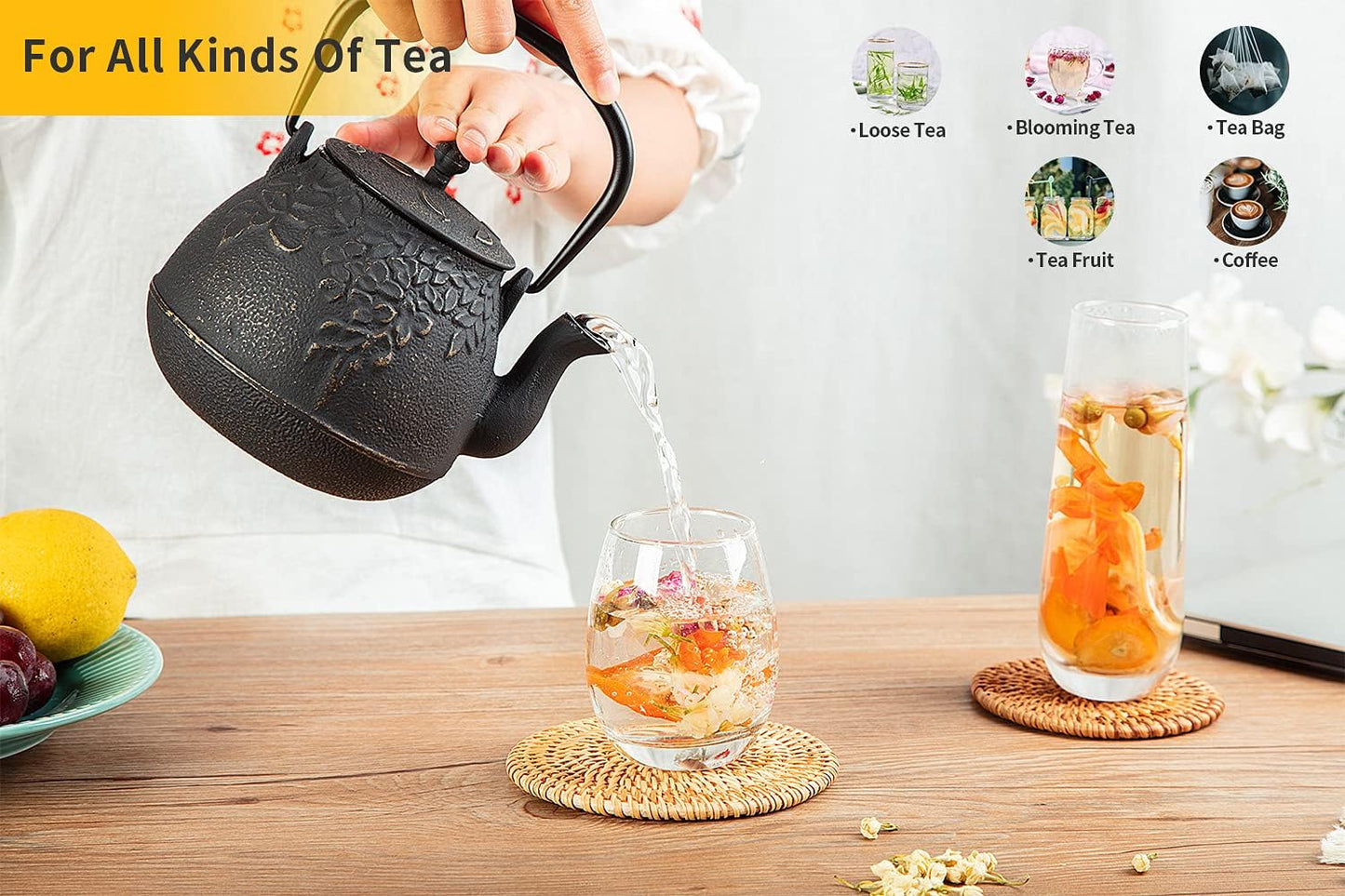 TOPTIER Japanese Cast Iron Tea Kettle with Infuser,Teapot Stovetop Safe, Leaf Design , Coated with Enameled Interior for 32 Ounce (950 ml), White