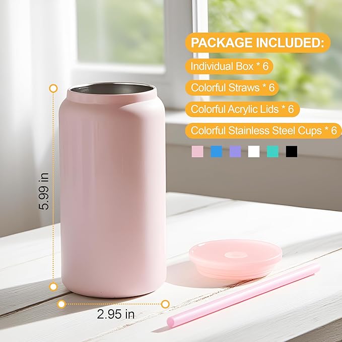 6 Pack Glass Cups with Lids and Straws Unbreakable 16 oz Stainless Steel Can Cup Double Wall Insulated Beer Can Tumbler for Iced Coffee, Juice, Soda, Bright-Colored