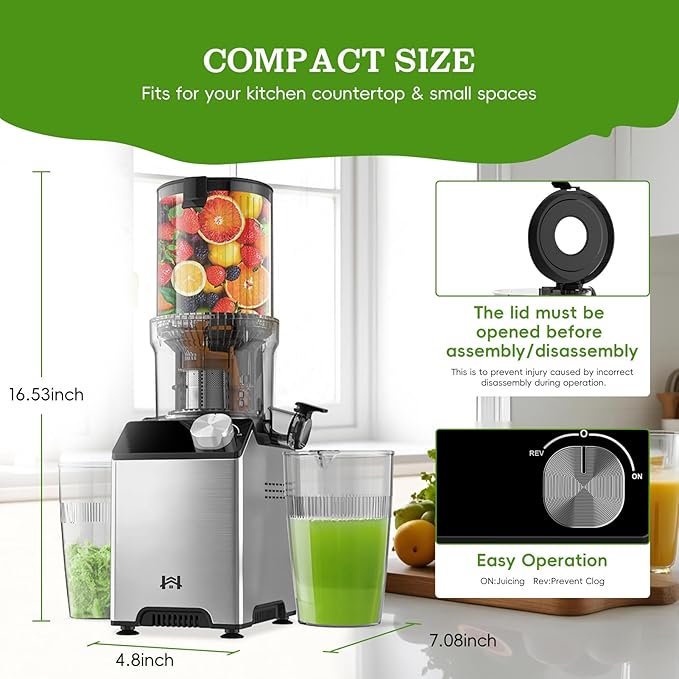Cold Press Juicer, Wide Feed Chute Juicer Machines, Stainless Steel Slow Masticating Juicers Easy to Clean, Vegetables & Fruits Juice Extractor, High Juice Yield, Platinum Color Knob
