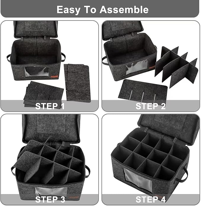 Foyego 2 Pack Wine Glass Storage Box with Dividers, Stemware Storage Containers for Packing and Moving, China Storage Containers Box for 12 Crystal Glassware, Wine Glasses, Drinkware,Dark Gray