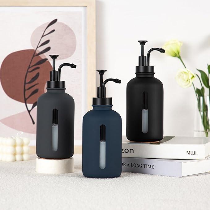 Enra Black Soap Dispenser with Window,17oz Glass Hand Soap Dispenser Stainless Steel Hand Pump,Liquid Soap Dispenser Countertop Lotion Bottle for Bathroom Kitchen(Black-Liquid 2)