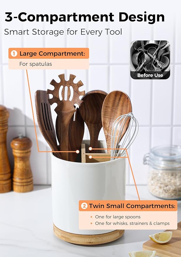 LoeJan 3 Compartment Utensil Holder, Extra Large Utensil Crock, Stable Ceramic Utensil Organizer, Cooking Tool Organizer Set for Kitchen Counter Farmhouse Decor (C-White(Grossy))