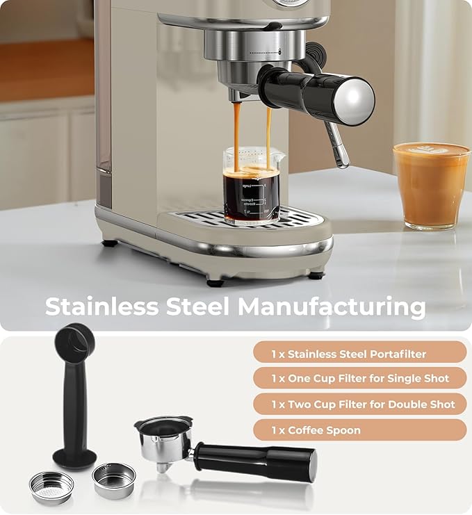 atatix 20 Bar Espresso Machine with Milk Frother, Compact Espresso Maker, Stainless Steel Coffee Machine with Precise Temp Control & 44oz Removable Water Tank for Latte, Cappuccino, Light Grey