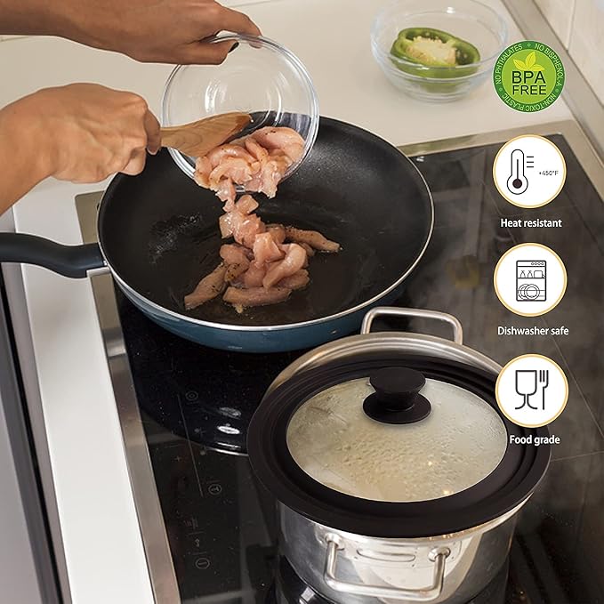 Ydeapi Universal Lid for Pots, Pans and Skillets, Pot Lid With Heat Resistant Silicone Rim and Tempered Glass, Fits 8", 8.5", 9.5" Diameter Pots and Pans