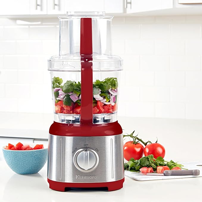 Kenmore 11-Cup Food Processor and Vegetable Chopper with Reversible Slicing/Shredding Disc, Chop, Slice, Shred, Mince, Grate, Puree, Stainless Steel, 500W, Red and Silver