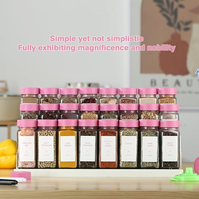 Pink Spice Jars with Label，4oz Seasoning Containers, Glass Spice Bottles with Shaker Lids,Funnel, Chalk Pen(Pink, 36)