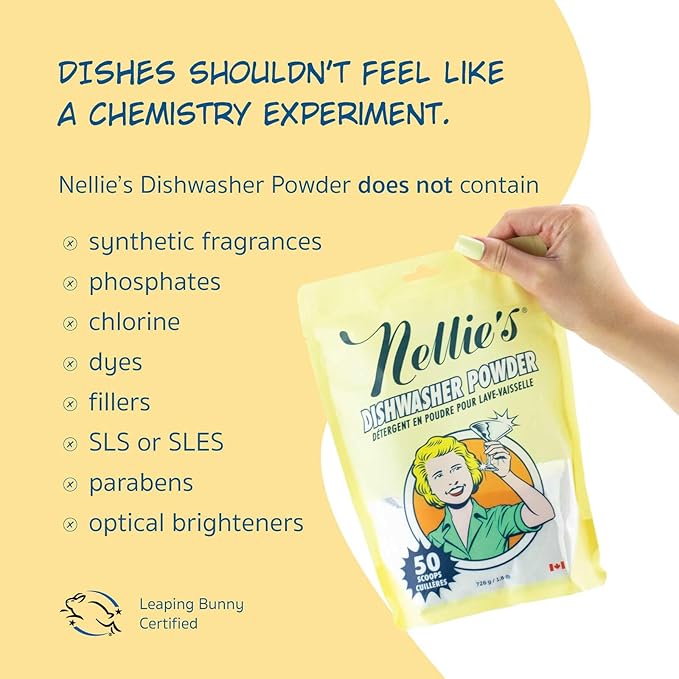 Nellie's Dishwasher Powder - 50 Load - Plant-Based Dishwasher Detergent - Septic Safe, Fragrance-Free - Easily Penetrates Grease & Food Particles - Phosphate-Free - (Made in Canada)