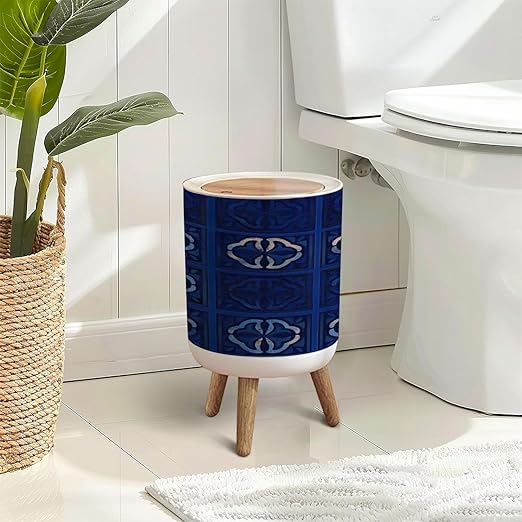Trash Can with Lid tile pattern Lisbon floral mosaic Mediterranean seamless navy blue Press Top Round Small Garbage Bin with Wooden Legs Waste Basket for Kitchen Bedroom Nursery 7L/1.8 Gallon